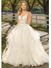 V Neck Ivory Lace Tulle Dreamy Wedding Dress With Horsehair Trim
